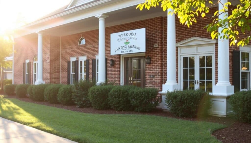 Exterior of a professional painting services business in Mebane, North Carolina. The building has a classic Southern architecture with a brick facade, white trim, and a welcoming front porch. The entrance is adorned with a well-designed sign showcasing the company's name and logo. The landscaping is meticulously maintained, with neatly trimmed shrubs and a well-kept lawn. The scene is bathed in warm, golden sunlight, creating a pleasant and inviting atmosphere. The overall impression conveys the expertise and professionalism of the painting services offered. The image should capture the essence of a reliable and trustworthy exterior painting provider in the Mebane area.