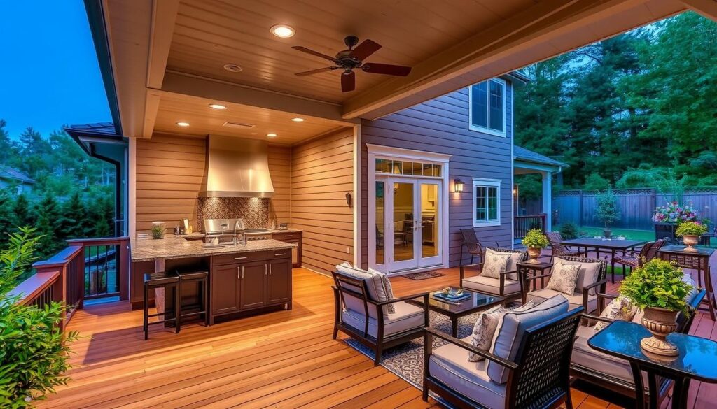 Luxurious deck addition with outdoor kitchen and seating area